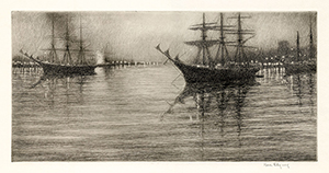 Three Masted Ships, Harbor Connecticut, Nocturne, Evening