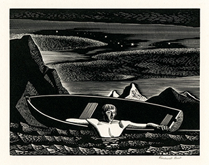 Male nude, stary night, water, boat mysticism