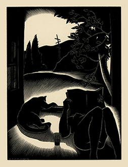 Summer, Female nude, cat, reading, modernism, Landacre