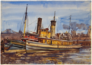 Tugboats, East River New York, Brooklyn Bridge, American Scene, Social Realism