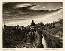 Regionalism, mid-west, country, man on horseback, dog, country road